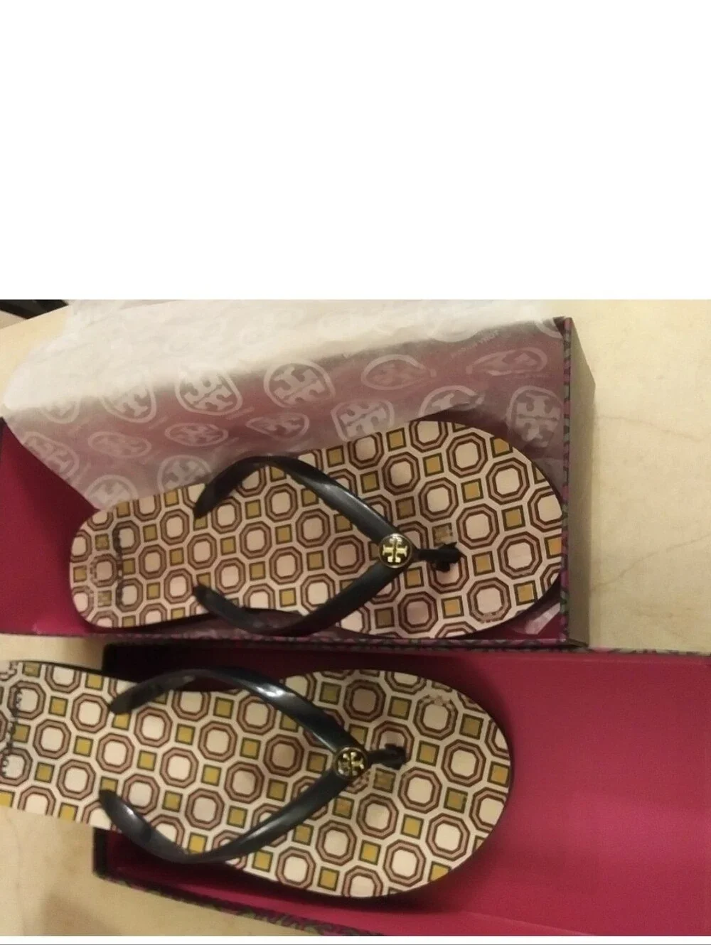 Tory Burch Blue Patent Logo Thong Sandals with Geometric Print Footbed